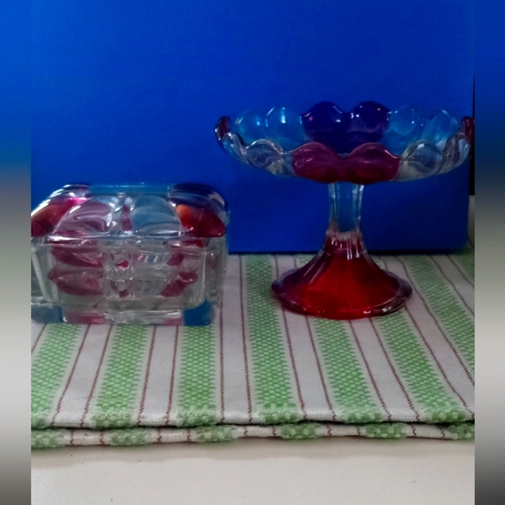 Vintage Indiana Glass Clear Pressed Glass Pedestal Candy Dish and trinket box